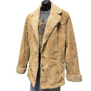 VINTAGE Penny lane meets Y2K Grunge 70's Leather faux Sherpa Fur Coat - XL Tan